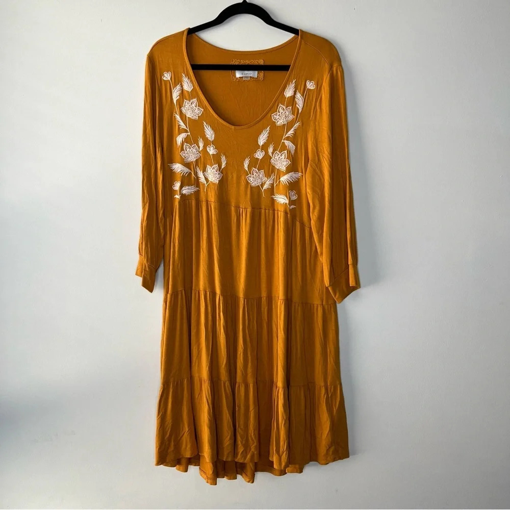 Cupio Yellow Embroidered Midi Dress Boho Hippie Floral Relaxed Fit Sz L